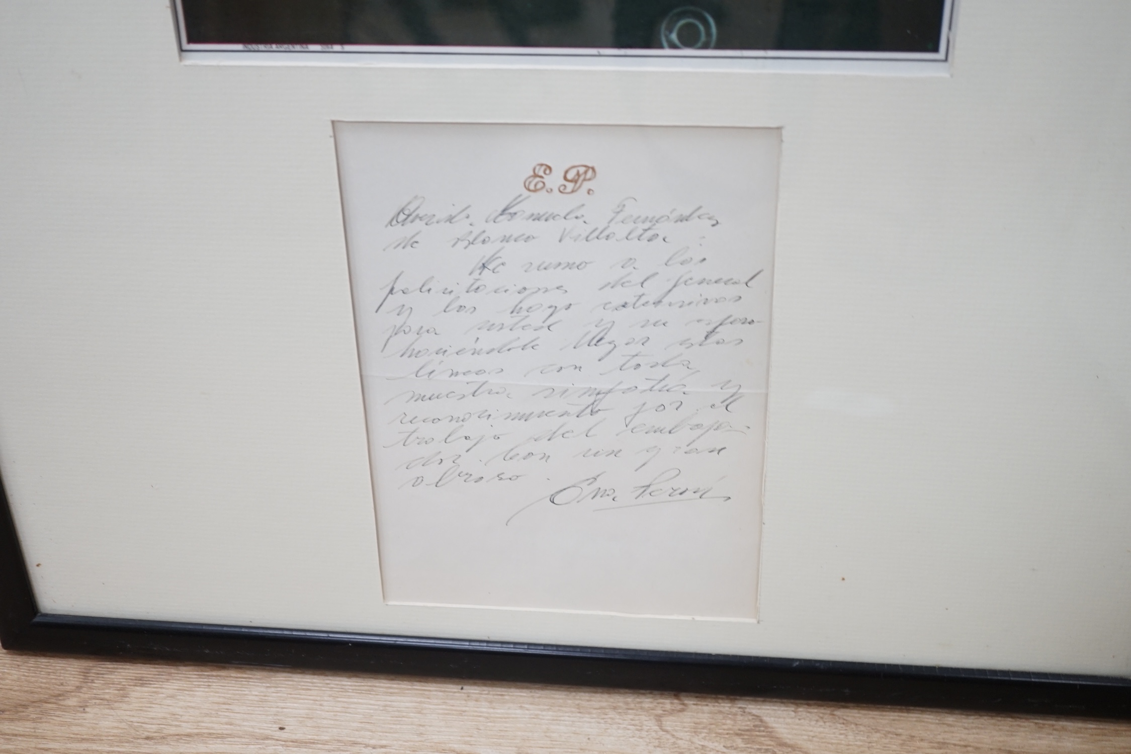 Eva Peron interest (1919-52), a framed hand written and signed autograph letter to Manuela Fernandez de Blanco, wife of the Paraguayan Ambassador, congratulating her and her husband for his work, framed with a photograph